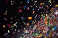 colorful confetti flying through the air, with blurred movement in slow motion