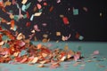 colorful confetti flying through the air, with blurred movement in slow motion