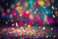 Colorful confetti in front of colorful background with bokeh for carnival