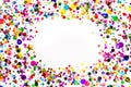 Colorful confetti oval border. Party template on white. Holiday flat lay card frame clipart with copy space
