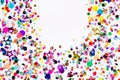 Colorful confetti oval border. Party template on white. Holiday flat lay card frame clipart with copy space