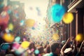 Colorful confetti in the street with crowd of people. Party, festival, concept. Defocused image.