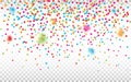 Colorful confetti on transparent background. Defocused confetti pieces. Bright holiday backdrop. Vector