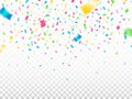 Colorful confetti on transparent background. Falling color confetti. Festive decoration elements. Realistic defocused