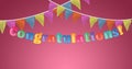 Colorful congratulations text and buntings with copy space against pink background