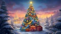 Colorful conical Christmas tree. Around it presents, winter scenery sunset.Christmas banner with space for your own content Royalty Free Stock Photo