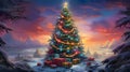 Colorful conical Christmas tree. Around it presents, winter scenery sunset.Christmas banner with space for your own content Royalty Free Stock Photo