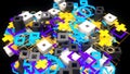 Colorful construction figures with squares. Animation. Structure of various toy squares and pluses moves on black