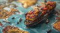 Colorful container ship on a world map representing global trade routes. Royalty Free Stock Photo