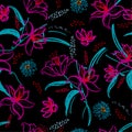 Colorful contrast blooming lilly and garden flower Seamless pattern in vector hand brushed watercolor ,Hand painting design for