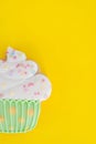 Colorful icing cookie in cupcake shape on yellow background Royalty Free Stock Photo