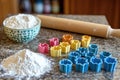 Colorful cookie cutters, flour and rolling pin preparing for baking Royalty Free Stock Photo