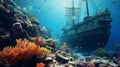 Colorful Coral And Mysterious Pirate Ship In Photorealistic Detail