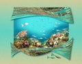 Colorful coral reef with many fishes and sea turtle. Art design Royalty Free Stock Photo