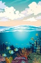 Colorful coral reef with school of fish and sunset sky with cumulus clouds. Vector seascape illustration. Underwater marine Royalty Free Stock Photo