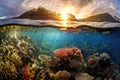 colorful coral reef with sun rays piercing the water surface Royalty Free Stock Photo