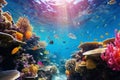 Colorful coral reefs, exotic sea life and merfolk in a tropical undersea world.