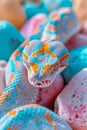 Colorful Corn Snake Pantherophis guttatus Coiled on Vibrant Easter Eggs Background, Exotic Pet Concept