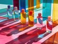 Colorful cosmetic bottles with vibrant reflections on a multicolored striped surface