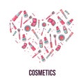 Colorful cosmetic items banner on white background in shape of heart. Top view. Make-up illustration.