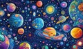 Colorful cosmic scene featuring various planets and celestial bodies in space Royalty Free Stock Photo