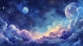 Colorful cosmic sky with a moon, stars, and fluffy clouds. Watercolor illustration. Royalty Free Stock Photo