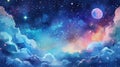 Colorful cosmic sky with a moon, stars, and fluffy clouds. Watercolor illustration. Royalty Free Stock Photo