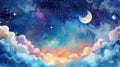 Colorful cosmic sky with a moon, stars, and fluffy clouds. Watercolor illustration. Royalty Free Stock Photo