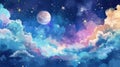 Colorful cosmic sky with a moon, stars, and fluffy clouds. Watercolor illustration. Royalty Free Stock Photo