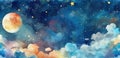 Colorful cosmic sky with a full moon, stars, and fluffy clouds. Watercolor illustration. Royalty Free Stock Photo