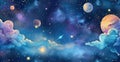 Colorful cosmic sky with a full moon, stars, and fluffy clouds. Watercolor illustration. Royalty Free Stock Photo