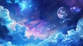 Colorful cosmic sky with a full moon, stars, and fluffy clouds. Watercolor illustration. Royalty Free Stock Photo