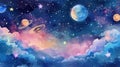 Colorful cosmic sky with a full moon, stars, and fluffy clouds. Watercolor illustration. Royalty Free Stock Photo