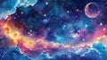 Colorful cosmic sky with a full moon, stars, and fluffy clouds. Watercolor illustration. Royalty Free Stock Photo