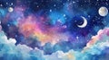 Colorful cosmic sky with a moon, stars, and fluffy clouds. Watercolor illustration. Royalty Free Stock Photo