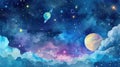 Colorful cosmic sky with moon, stars, and fluffy clouds. Watercolor illustration. Royalty Free Stock Photo