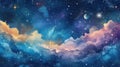 Colorful cosmic sky with moon, stars, and fluffy clouds. Watercolor illustration. Royalty Free Stock Photo