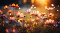 Colorful cosmos flowers in defocused bokeh, artistic spring meadow with sunlight rays
