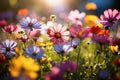 Colorful cosmos flowers in the garden with blue and yellow flower background, Colorful wildflowers blooming in a garden on a sunny Royalty Free Stock Photo