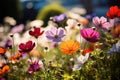 Colorful cosmos flowers in the garden. Soft focus and shallow DOF, Colorful wildflowers blooming in a garden on a sunny day, AI Royalty Free Stock Photo