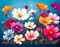 Colorful cosmos flowers wallpaper and blue gradient background