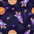 Colorful Cosmos Seamless Pattern With Stars, Spaceships, Rockets, Comet And Planets. Space Background Illustration