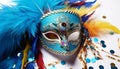 Colorful costume, mask, and feather create vibrant celebration generated by AI