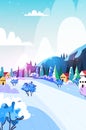 colorful cottages in ski resort winter landscape background