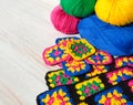 Colorful cotton granny square. Crochet texture close up photo. Royalty Free Stock Photo