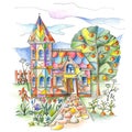 Colorful country house with turret in flourishing garden. Hand drawing