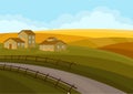 Country landscape with houses, road, green-yellow fields. Natural scenery. Small village. Flat vector design