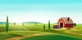 Colorful countryside landscape with a barn and tractor on the hill. Rural location. Cartoon modern vector illustration