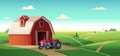 Colorful countryside landscape with a barn and tractor on the hill. Rural location. Cartoon modern vector illustration