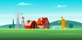 Colorful countryside landscape with a beautiful farm village. Rural location. Wheat field. Farm landscape.